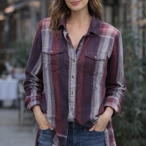 Volcom Maroon and White Striped Button-Down long Shirt blouse